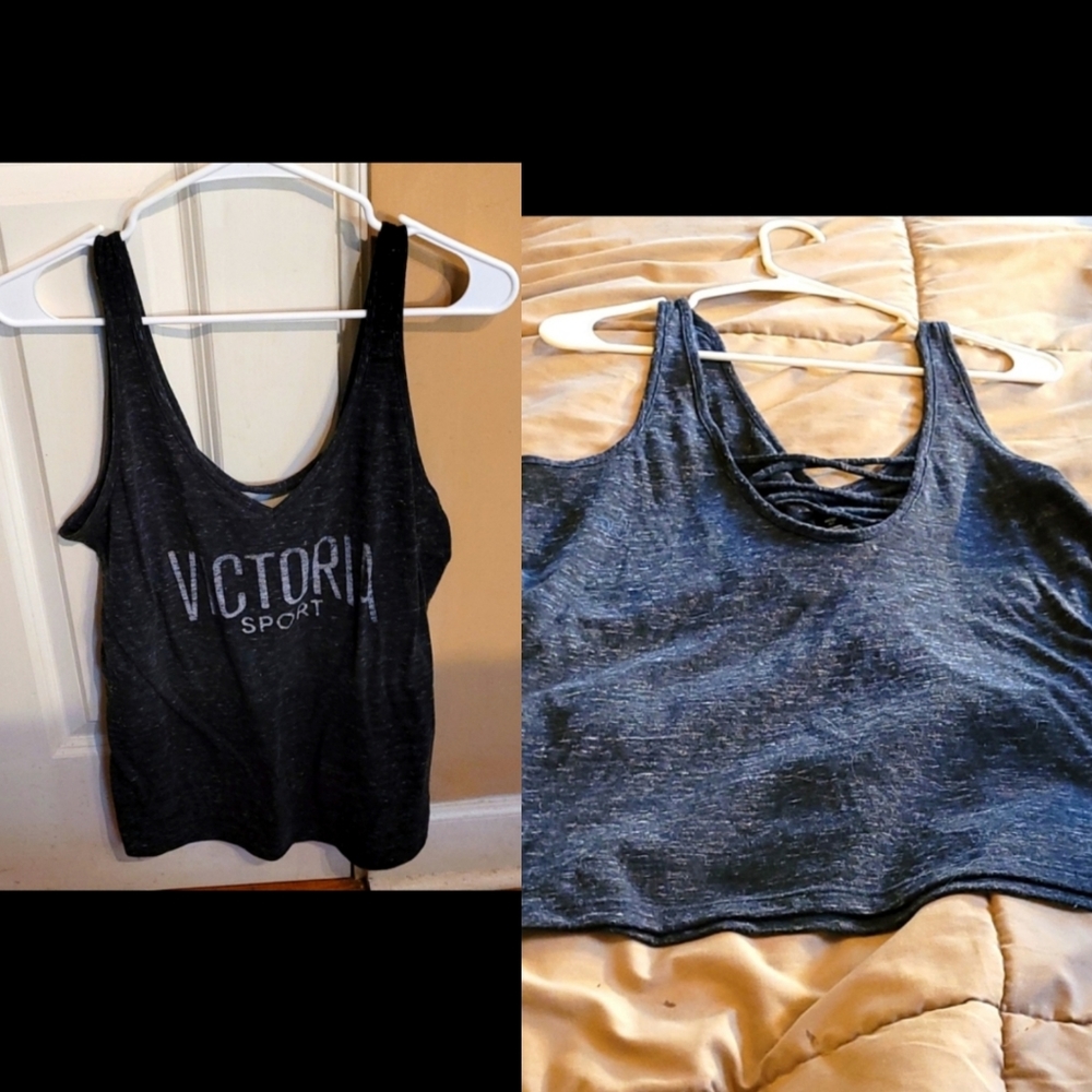 EUC Victoria Secret Sport heather grey gym tank sleeveless cami top strappy back